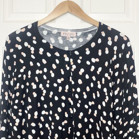 Philosophy Womens Cardigan Sweater Button Up Size 1X Polka Dot Black Cream White - Picture 2 of 9